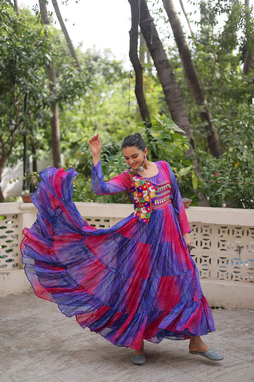 Prazu Fashion Blue Georgette Leheriya & Bandhej Print With Kutchi Work Navratri Gown