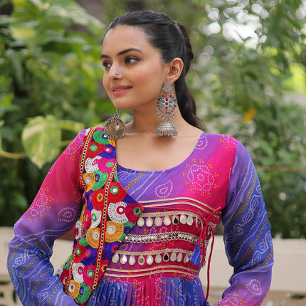 Prazu Fashion Blue Georgette Leheriya & Bandhej Print With Kutchi Work Navratri Gown