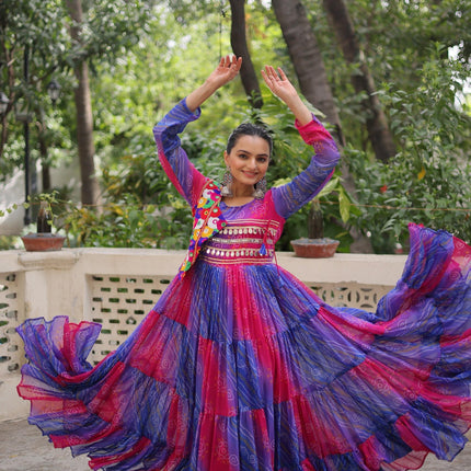 Prazu Fashion Blue Georgette Leheriya & Bandhej Print With Kutchi Work Navratri Gown