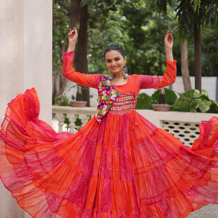 Prazu Fashion Red Georgette Leheriya & Bandhej Print With Kutchi Work Navratri Gown