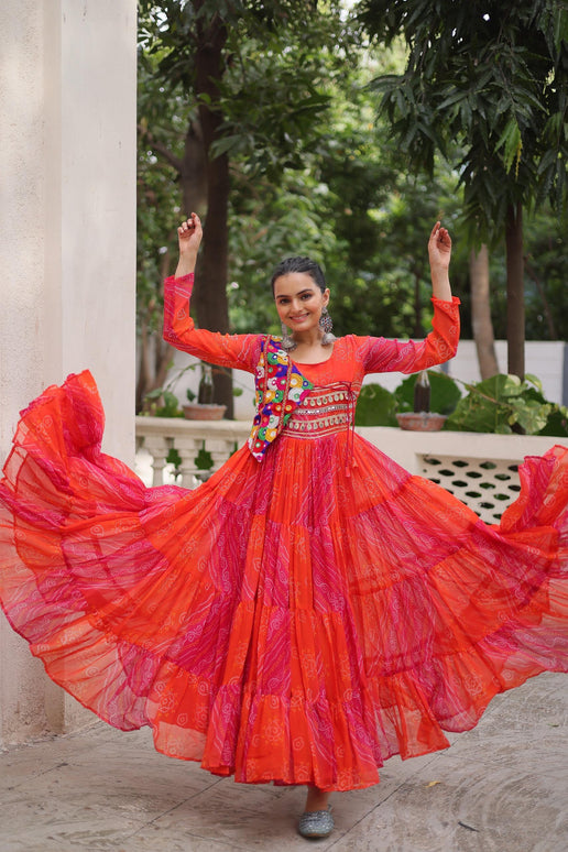 Prazu Fashion Red Georgette Leheriya & Bandhej Print With Kutchi Work Navratri Gown