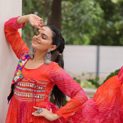 Prazu Fashion Red Georgette Leheriya & Bandhej Print With Kutchi Work Navratri Gown