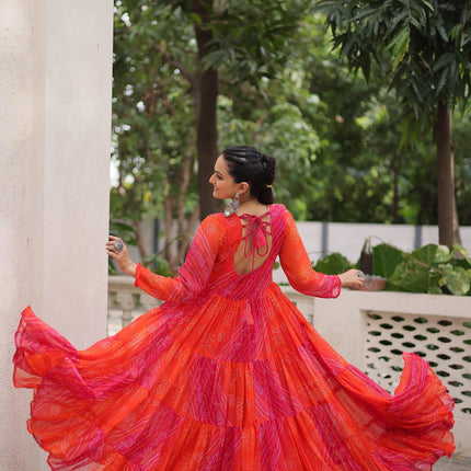 Prazu Fashion Red Georgette Leheriya & Bandhej Print With Kutchi Work Navratri Gown