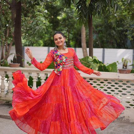 Prazu Fashion Red Georgette Leheriya & Bandhej Print With Kutchi Work Navratri Gown