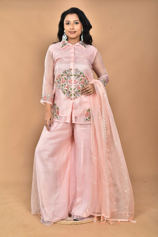 Morchari Women And Hand Embroidery Palazzo Set-Peach