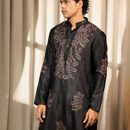 Black Greek Satin Designer Embroidery Work Kurta Set - Mahotsav