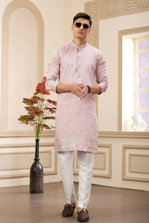 Raivat Ethnic Men's Art Silk Thread Work Kurta Pyjama In Onion Colour