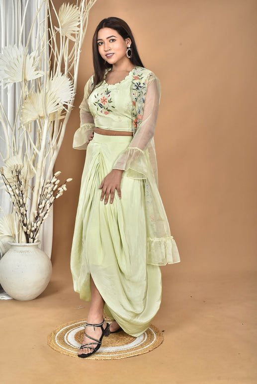 Morchari Women Hand Embroidery Crop Top-Light Green