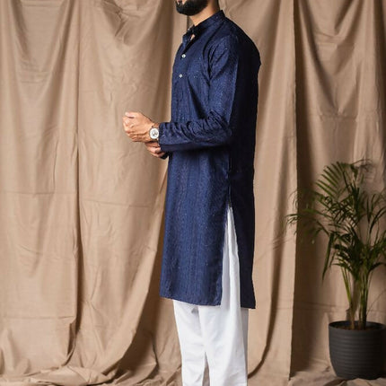 Navy Blue Rayon Thread Embroidery Work Kurta Set - Mahotsav