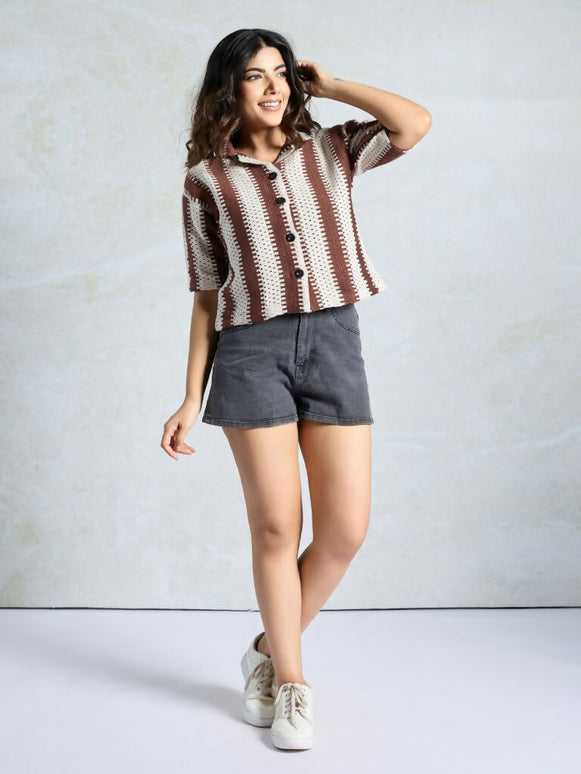 Brown Knited Wevon Designer Shirt - Hiral Fashion