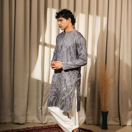 Bluish Grey Viscose Designer Embroidery Work Kurta Set - Mahotsav