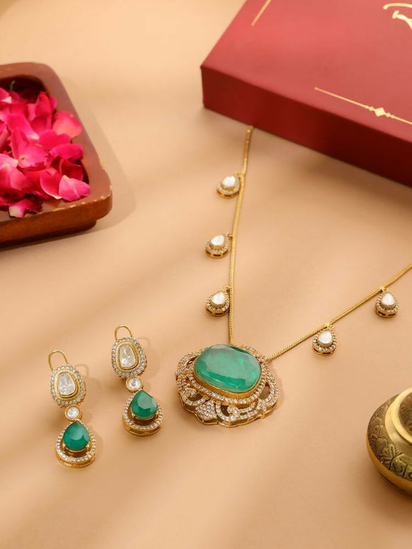 Natural Stones Antique Finish Earrings and Necklace set - Ruby Raang