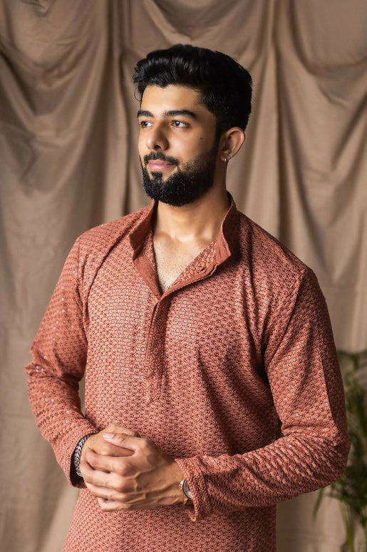 Reddish Orange Rayon Thread Embroidery Work Kurta Set - Mahotsav