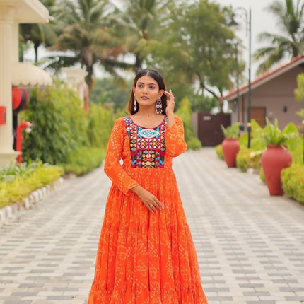 Aastha Fashion Orange Faux Georgette Navratri Designer Gown Collection