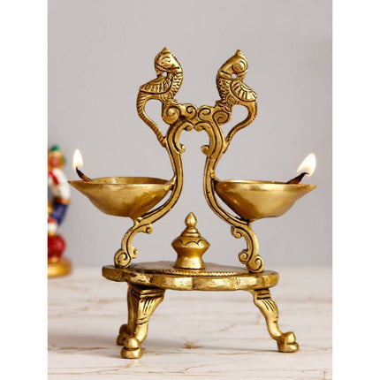 eCraftIndia Gold Toned Parrot Design Brass Handcrafted Diya With Stand