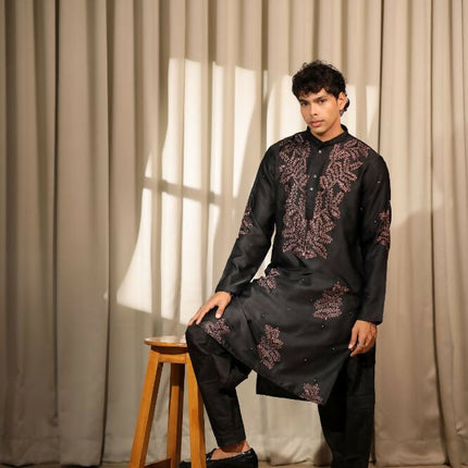 Black Greek Satin Designer Embroidery Work Kurta Set - Mahotsav