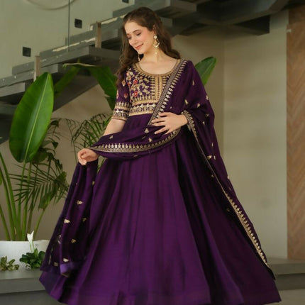 Aastha Fashion Purple Vichitra Silk Sequins-Multi & Zari Embroidered Work Party Wear Designer Gown