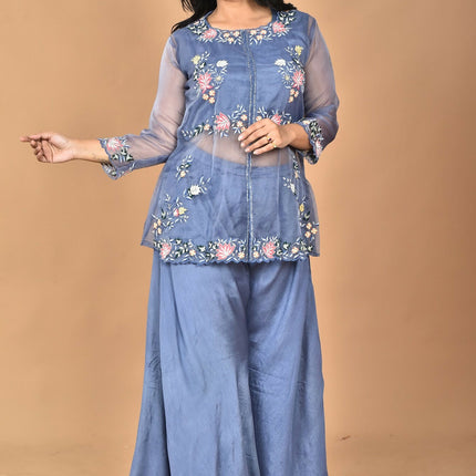 Morchari Women And Hand Embroidery Palazzo Set-Grey