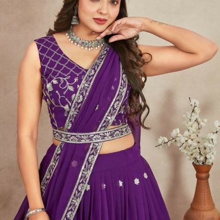Aastha Fashion Purple Heavy Georgette Embroidery Zari / Sequence Work Semi Stitched Wedding Wear Lehenga Choli