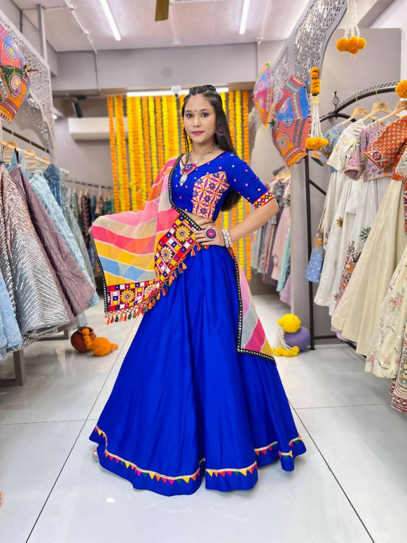 Aastha Fashion Blue Rayon Multi Colour Samosa Lace Semi Stitched Wedding Wear Lehenga Choli