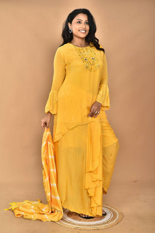 Morchari Women And Hand Embroidery Palazzo Set-Yellow