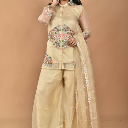 Morchari Women And Hand Embroidery Palazzo Set-Beige
