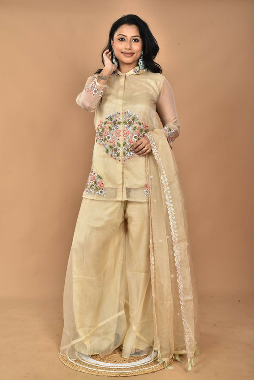 Morchari Women And Hand Embroidery Palazzo Set-Beige