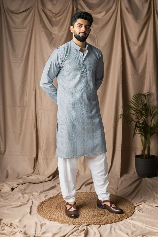 Light Blue Rayon Thread Embroidery Work Kurta Set - Mahotsav