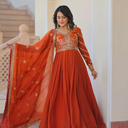 Aastha Fashion Orange Fendy Fabric Zari & Sequins Embroidered work Party Wear Designer Gown