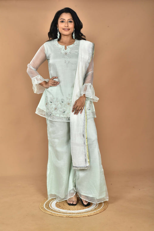 Morchari Women And Hand Embroidery Palazzo Set-Green