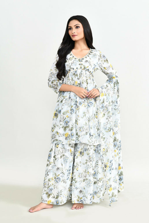 Joban Fashion Beautiful White Printed Cotton Sharara