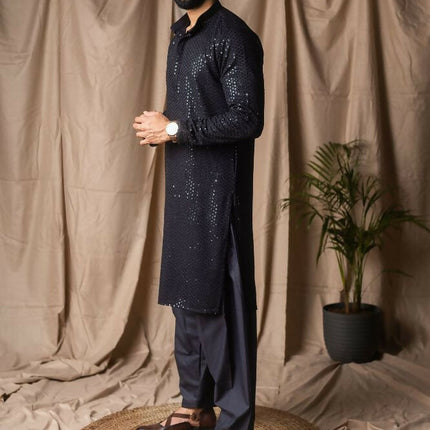 Black Rayon Thread Embroidery Work Kurta Set - Mahotsav