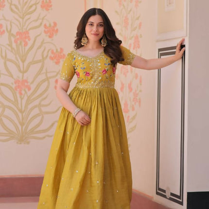Aastha Fashion Yellow Gold Crush Multi Thread Embroidery Zari Sequins-Work Party Wear Designer Gown