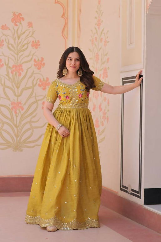 Aastha Fashion Yellow Gold Crush Multi Thread Embroidery Zari Sequins-Work Party Wear Designer Gown