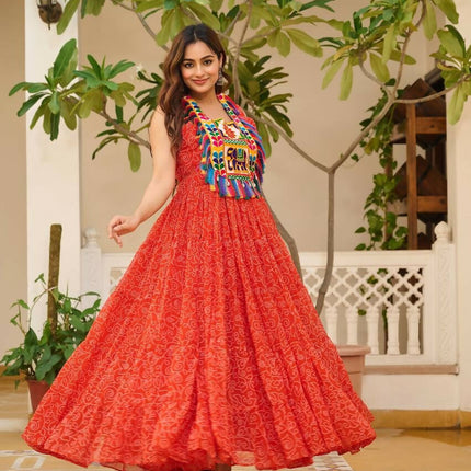 Aastha Fashion Orange Faux Georgette Bandhani Print Navratri Designer Gown Collection