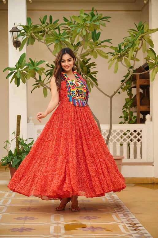Aastha Fashion Orange Faux Georgette Bandhani Print Navratri Designer Gown Collection