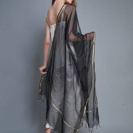 Shehnaai Chanderi Silk Dupatta In Black Colour With A Golden Woven Border