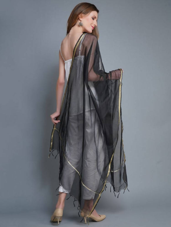 Shehnaai Chanderi Silk Dupatta In Black Colour With A Golden Woven Border