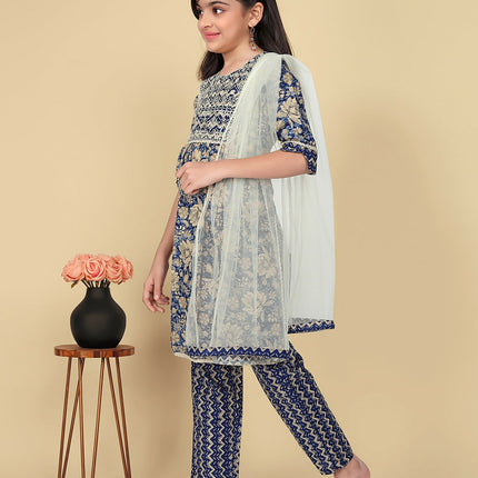 Divine Drape Girls Poly Cotton Blue Embroidered Straight Kids Kurta Pant With Dupatta
