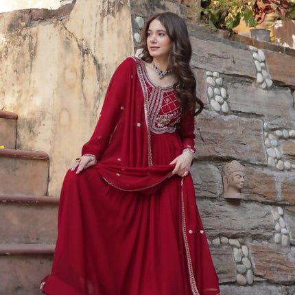 Aastha Fashion Maroon Faux Blooming Sequins-Multi & Beads Embroidered Work Party Wear Designer Gown