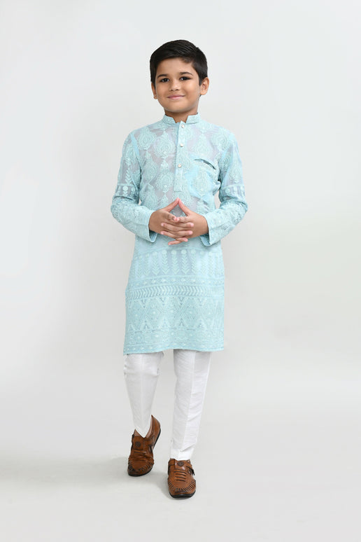 Joban Fashion Georgette Aqua Green Kurta With Straight Fit Pant