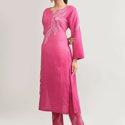 Joban Fashion Womens Cotton ChikanKari pink Kurta set