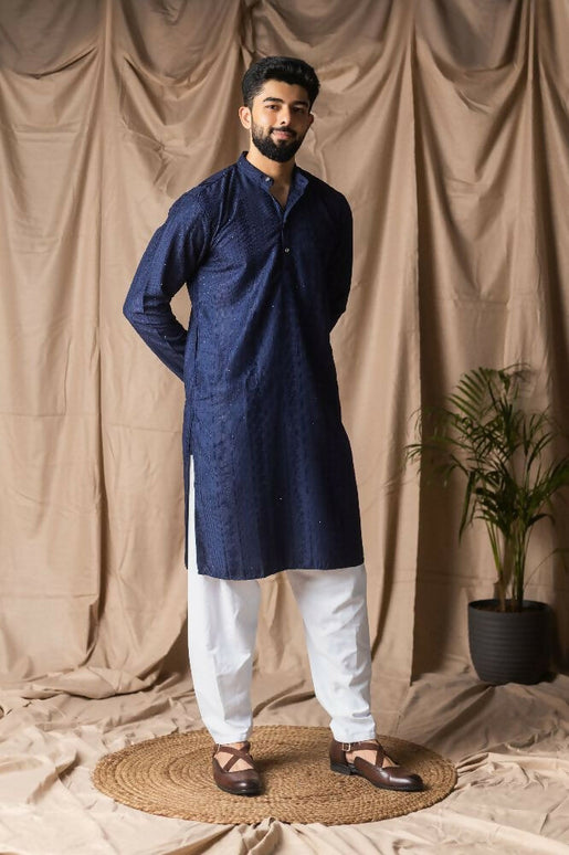 Navy Blue Rayon Thread Embroidery Work Kurta Set - Mahotsav