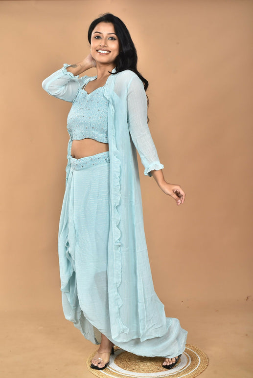 Morchari Women Hand Embroidery Crop Top-Sky