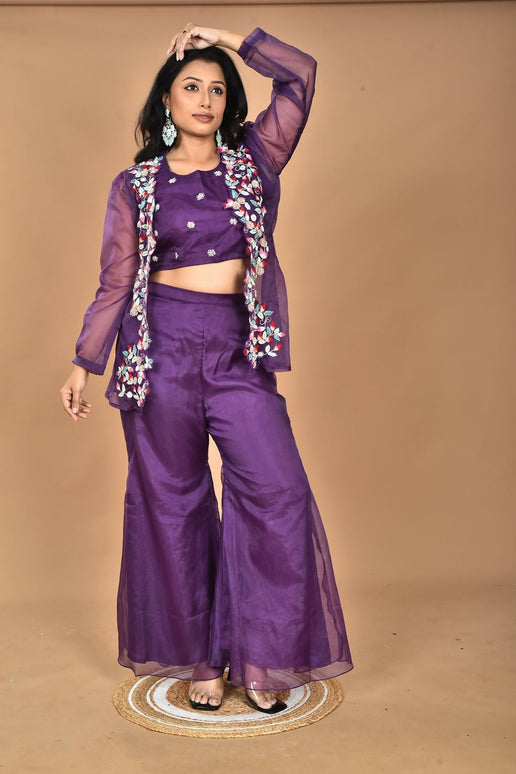 Morchari Women Hand Embroidery Crop Top-Purple