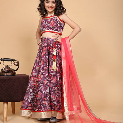 Divine Drape Girls Chinon Purple Printed Kids Lehenga Choli With Dupatta
