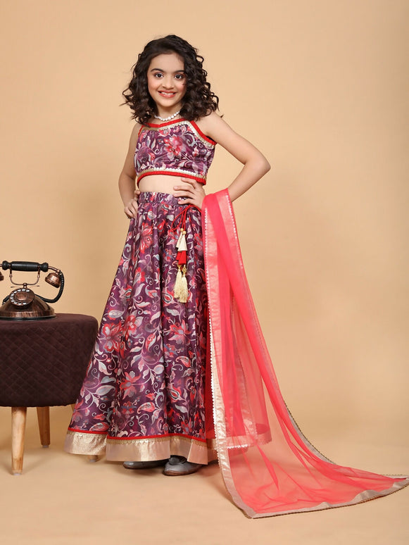Divine Drape Girls Chinon Purple Printed Kids Lehenga Choli With Dupatta