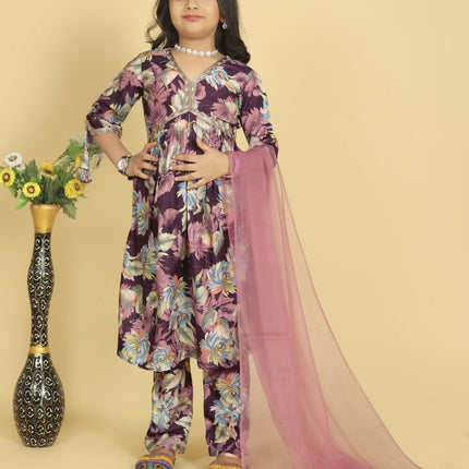 Divine Drape Girls Roman Slub Purple Printed Straight Kids Kurta Pant With Dupatta