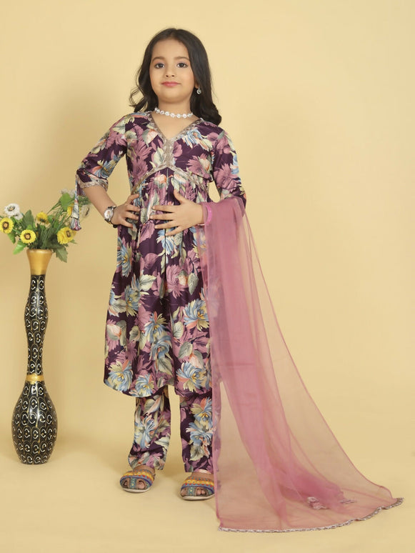 Divine Drape Girls Roman Slub Purple Printed Straight Kids Kurta Pant With Dupatta