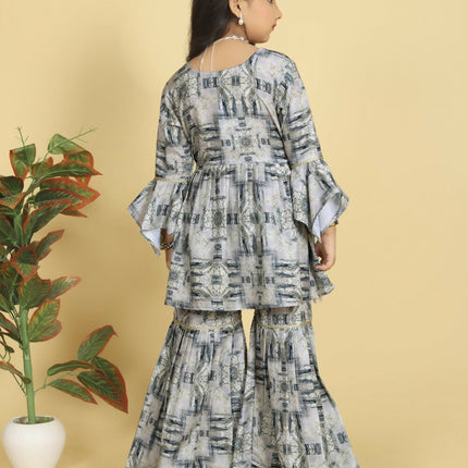 Divine Drape Girls Muslin Grey Printed Straight Kids Kurta Sharara With Dupatta
